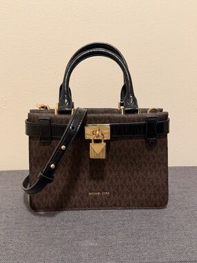 Michael Kors Tatiana Small Satchel Brown Black MK Signature Boutique with tag